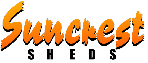 The suncrest sheds logo is orange and black on a white background
