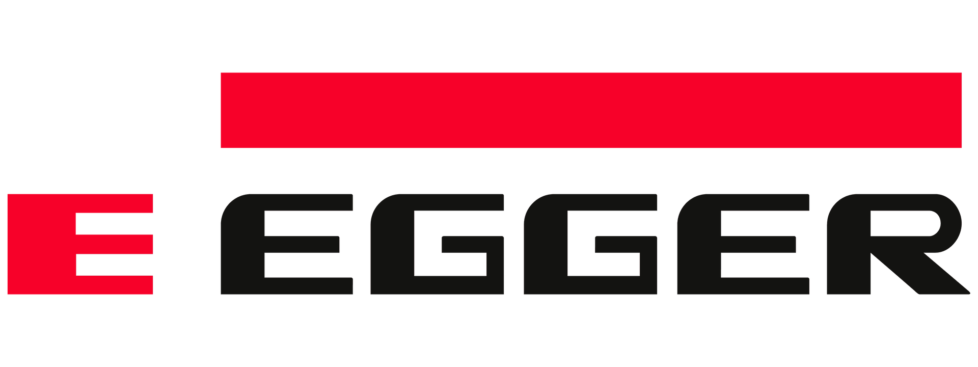 A red and black logo for egger on a white background.