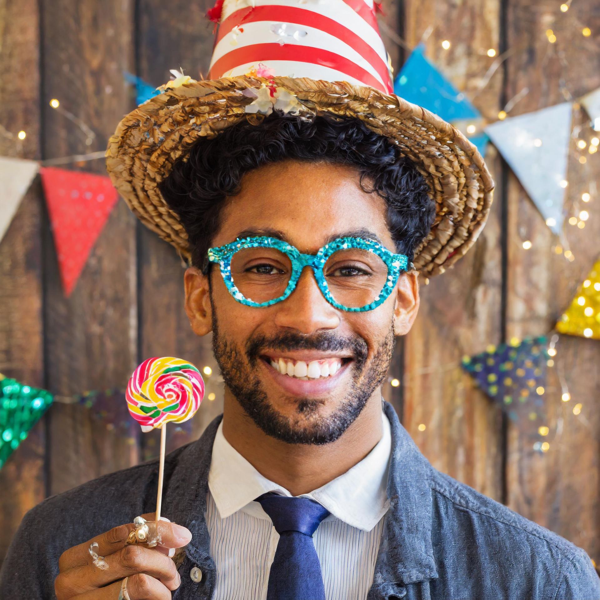A man wearing a hat and glasses is holding a lollipop