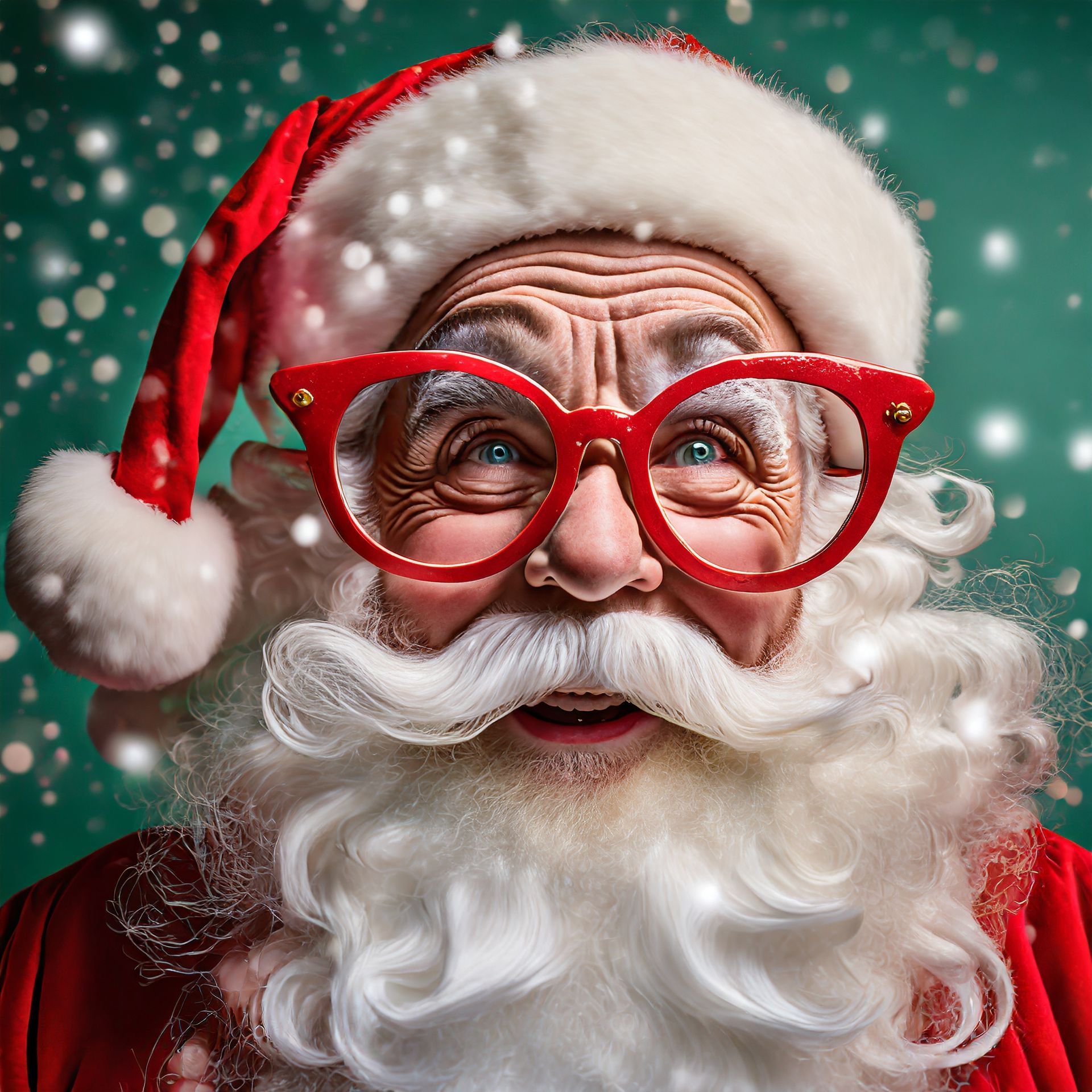Santa Claus with a white beard, wearing red glasses and a hat against a snowy, dark green background.