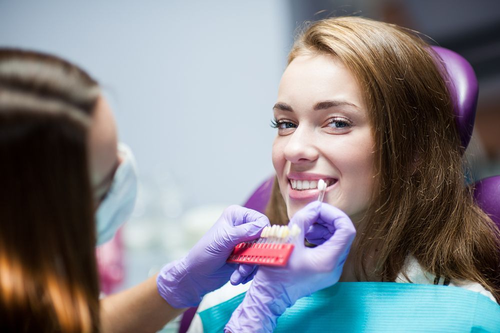 Dentist Comparing Teeth Shade With Color Guide — Tamworth Orthocare In Narrabri, NSW