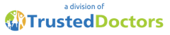 TrustedDoctors logo with blue text and a green-blue globe icon, labeled “a division of” above.