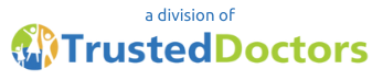 TrustedDoctors logo with blue text and a green-blue globe icon, labeled “a division of” above.