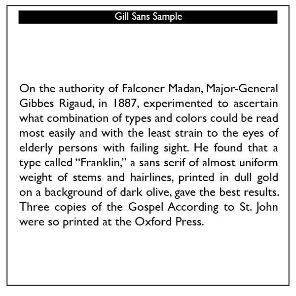 A page of text that says gill sans sample on the top