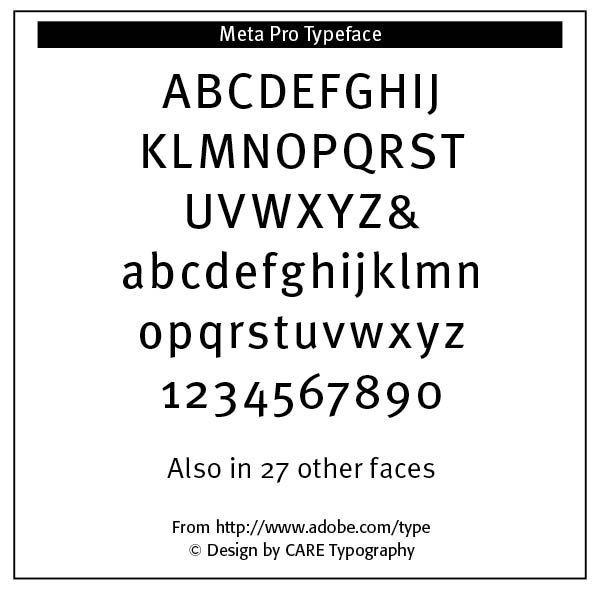 A picture of the alphabet and numbers in a meta pro typeface.