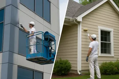 Workers painting building exteriors, one on a blue lift and one using a brush by a house window