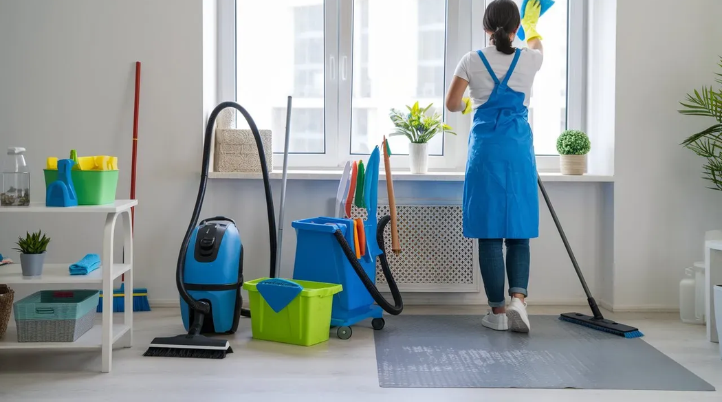 Person vacuuming a bright living room with a blue vacuum and mop near a sunlit window.