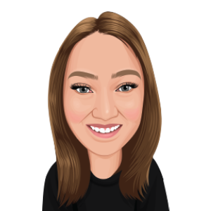 A cartoon drawing of a woman smiling and wearing a black shirt