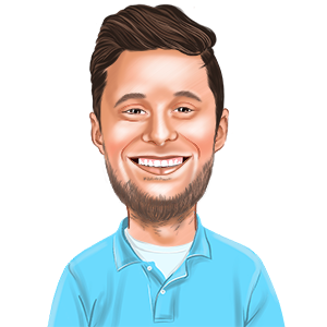 A cartoon of a man with a beard wearing a blue shirt and smiling.