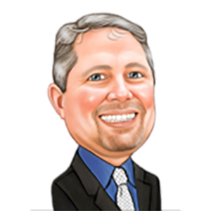 A cartoon of a man in a suit and tie smiling