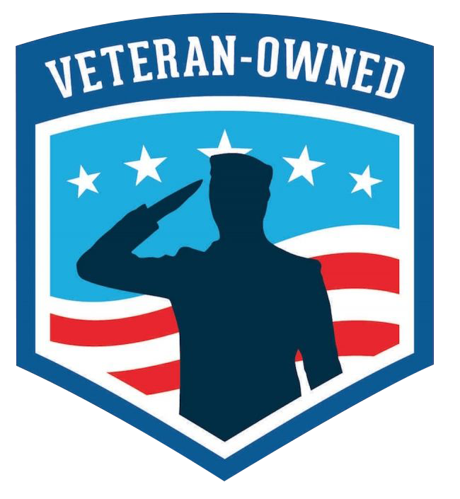 A veteran owned logo with a soldier saluting in front of an american flag