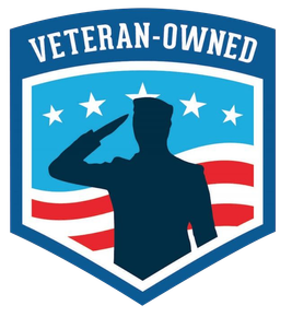 A veteran owned logo with a soldier saluting in front of an american flag