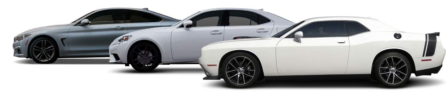 Three cars in different colors, including a grey sedan, a white sedan, and a white sports coupe.