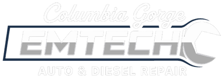 Logo of "EMTECH" auto and diesel repair with a wrench, "Columbia Gorge" text above.