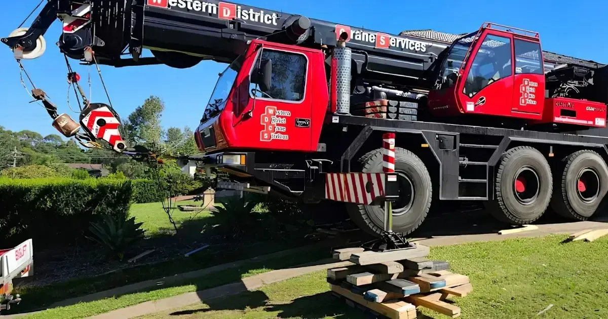 Mobile crane lifting a heavy load at a residential property