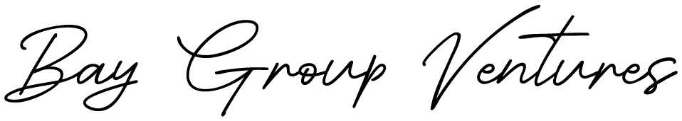 A handwritten logo for bay group ventures on a white background