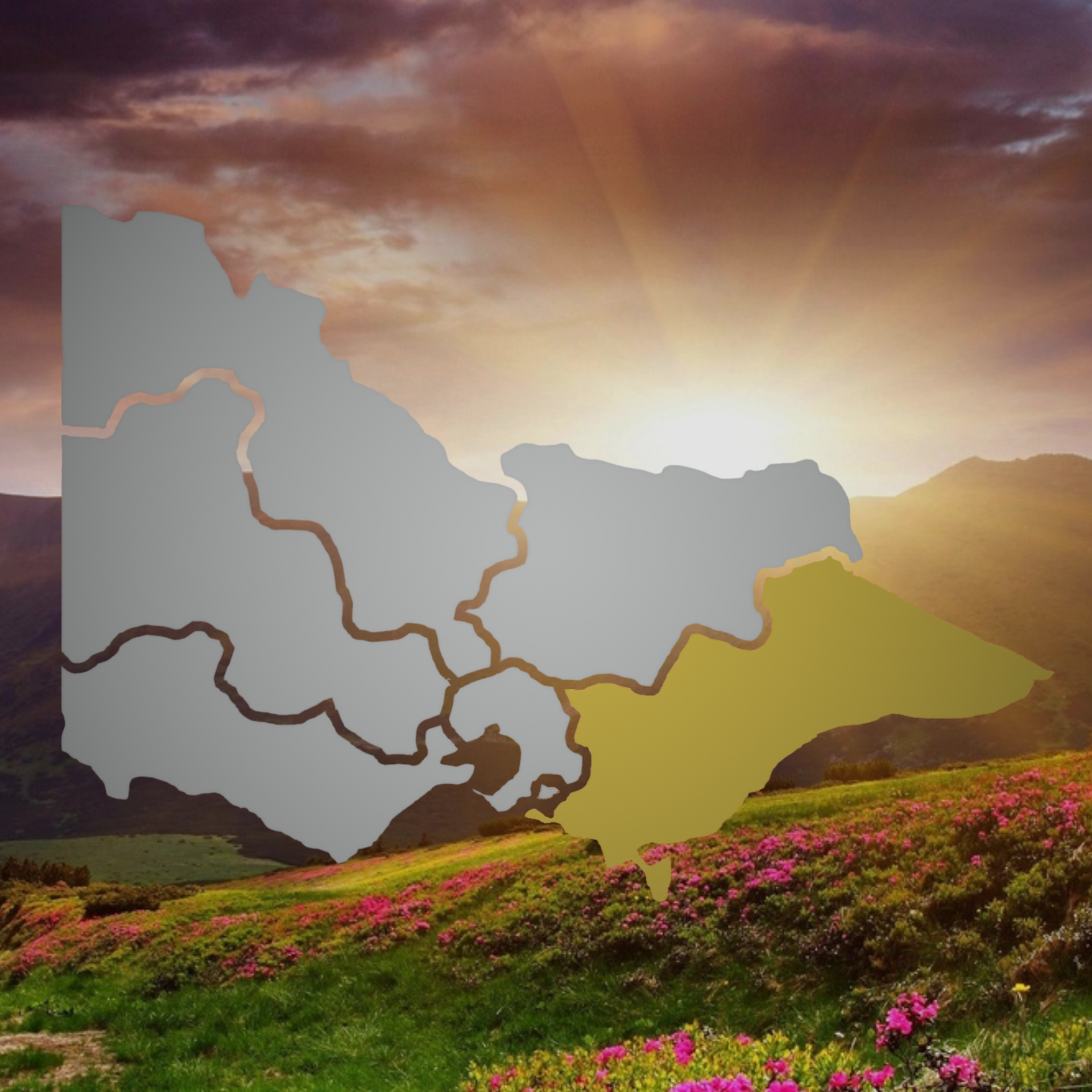 Map of Victoria, Australia, with a yellow-shaded southeast region against a sunrise over a landscape.