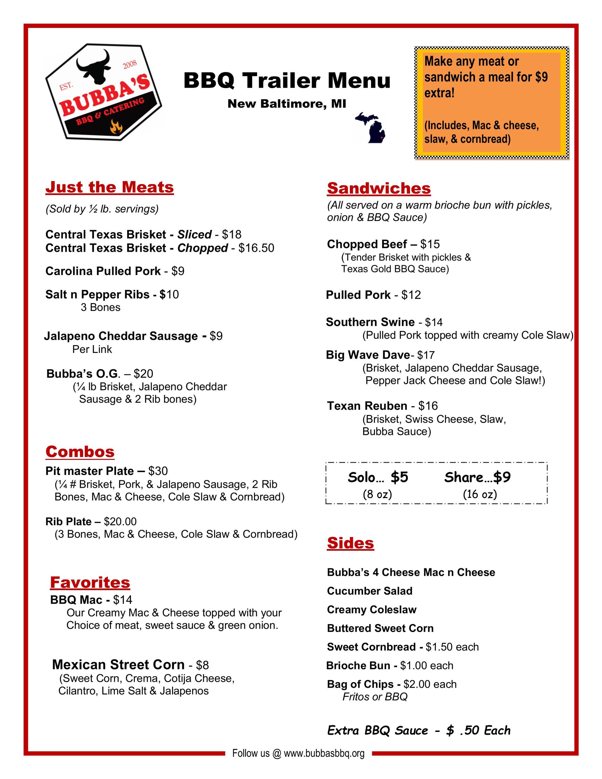 Menu - Bubba's BBQ and Catering - New Baltimore, MI