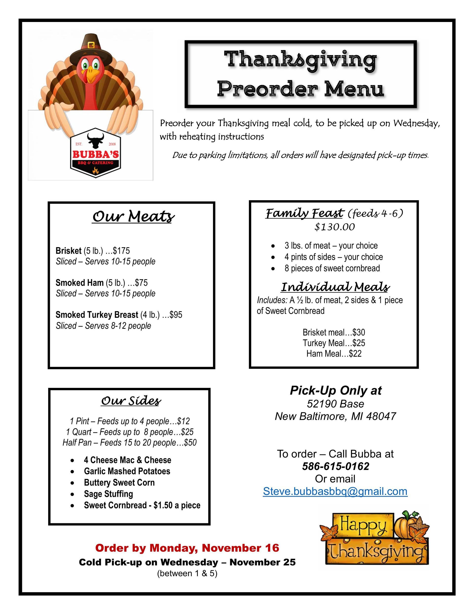 Bubba's Thanksgiving preorder menu with sides and entrees. Order by Nov. 16. Pickup Nov. 25.