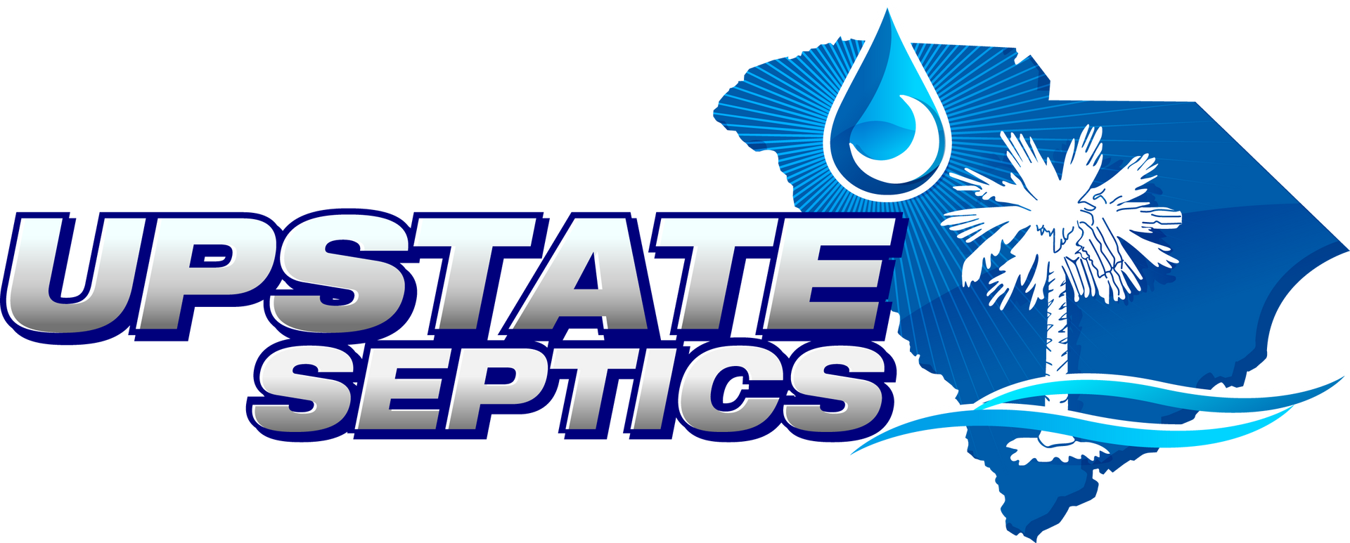 Logo for Upstate Septics featuring the text in blue and grey over a blue silhouette of South Carolina with a palm tree.