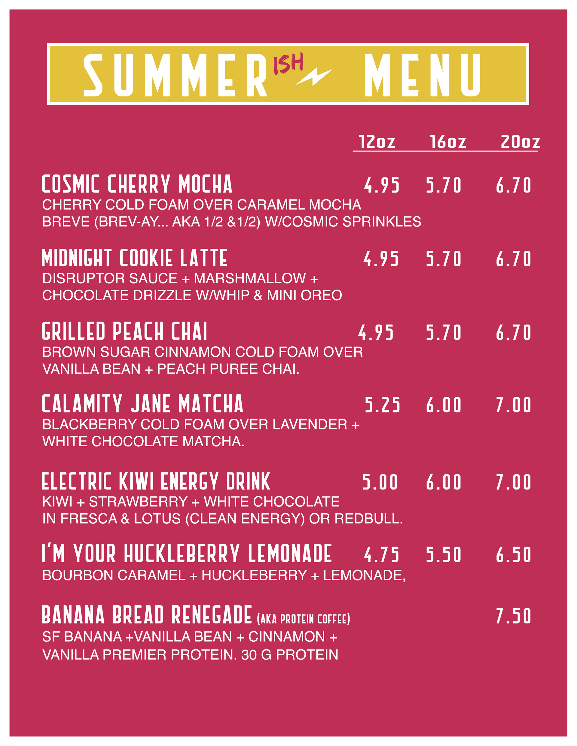 Pink summer Outsider menu with white text and dish prices.