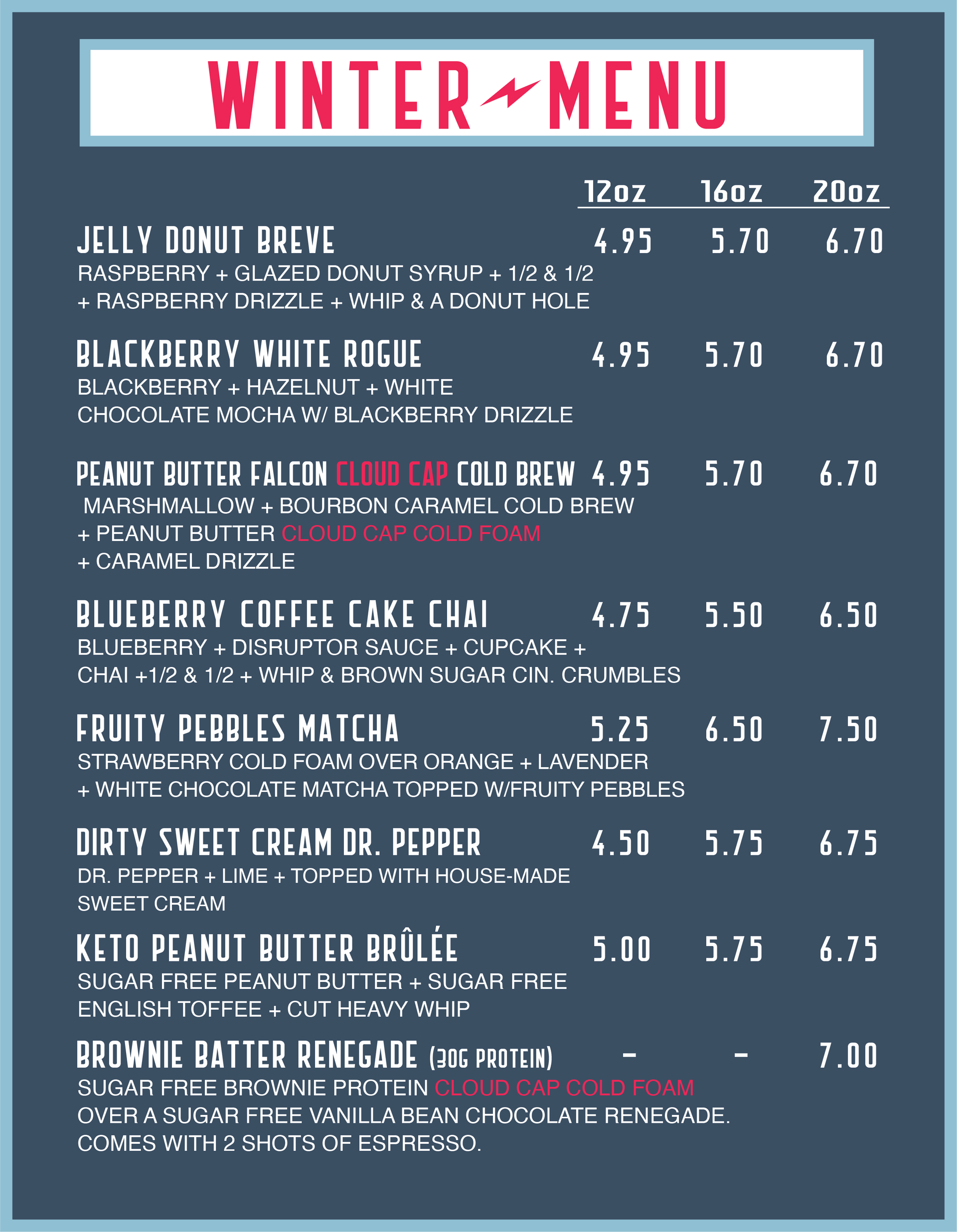 A winter menu with drink options and prices on a blue background.