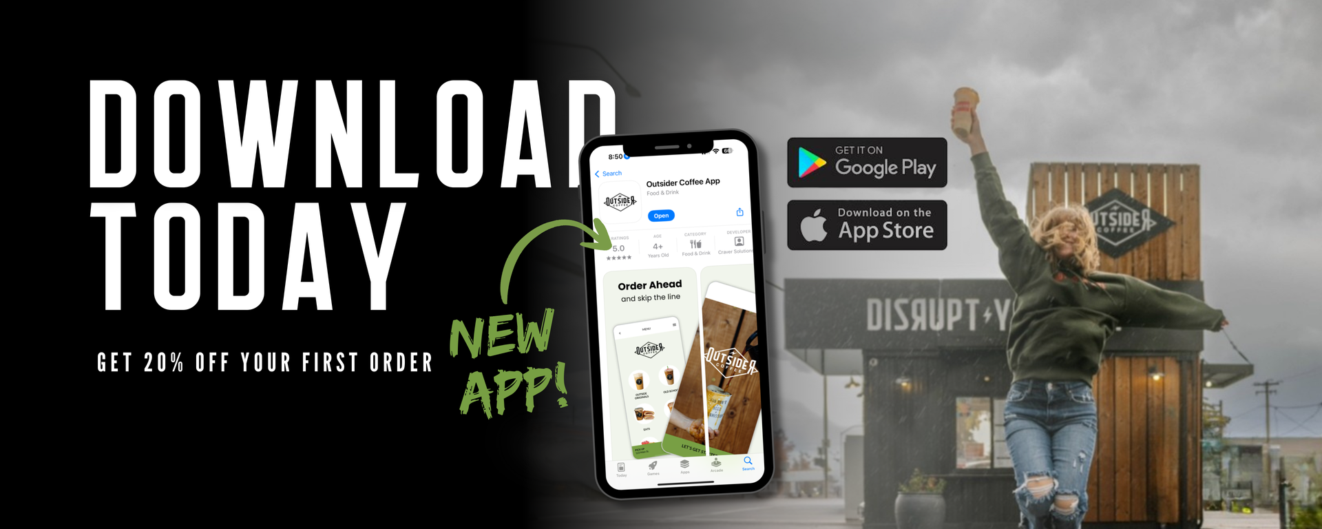 Poster promoting an app download, with a smartphone, App Store badge, and urban game-themed scene.