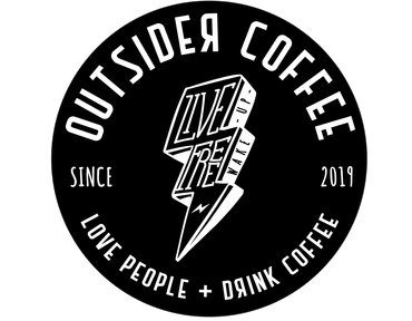 Black-and-white Outside Coffee logo with lightning bolt and “Love People + Drink Coffee” tagline