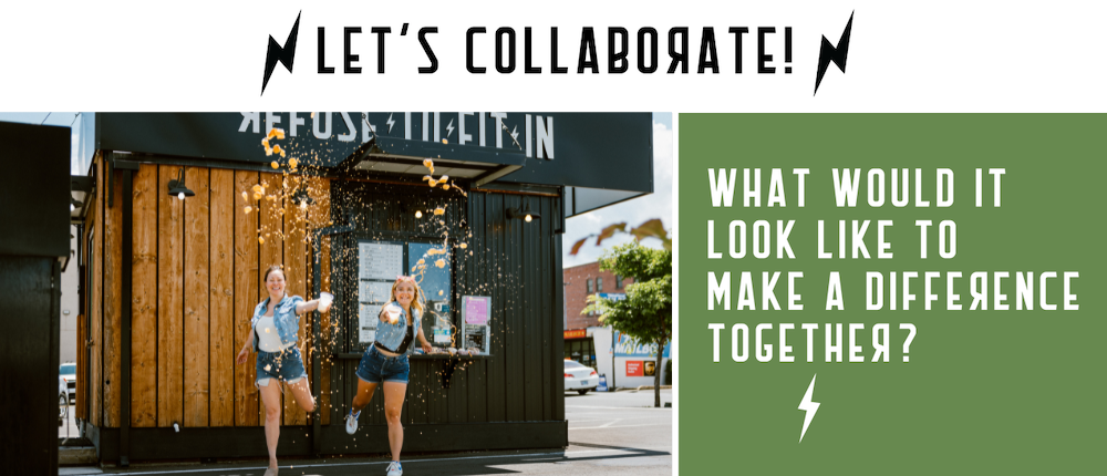 People entering a storefront beside text: “Let’s collaborate!” and “What would it look like to make a difference together?”
