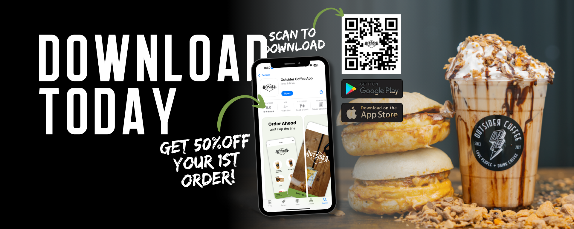 Poster promoting an app download, with a smartphone, App Store badge, and urban game-themed scene.