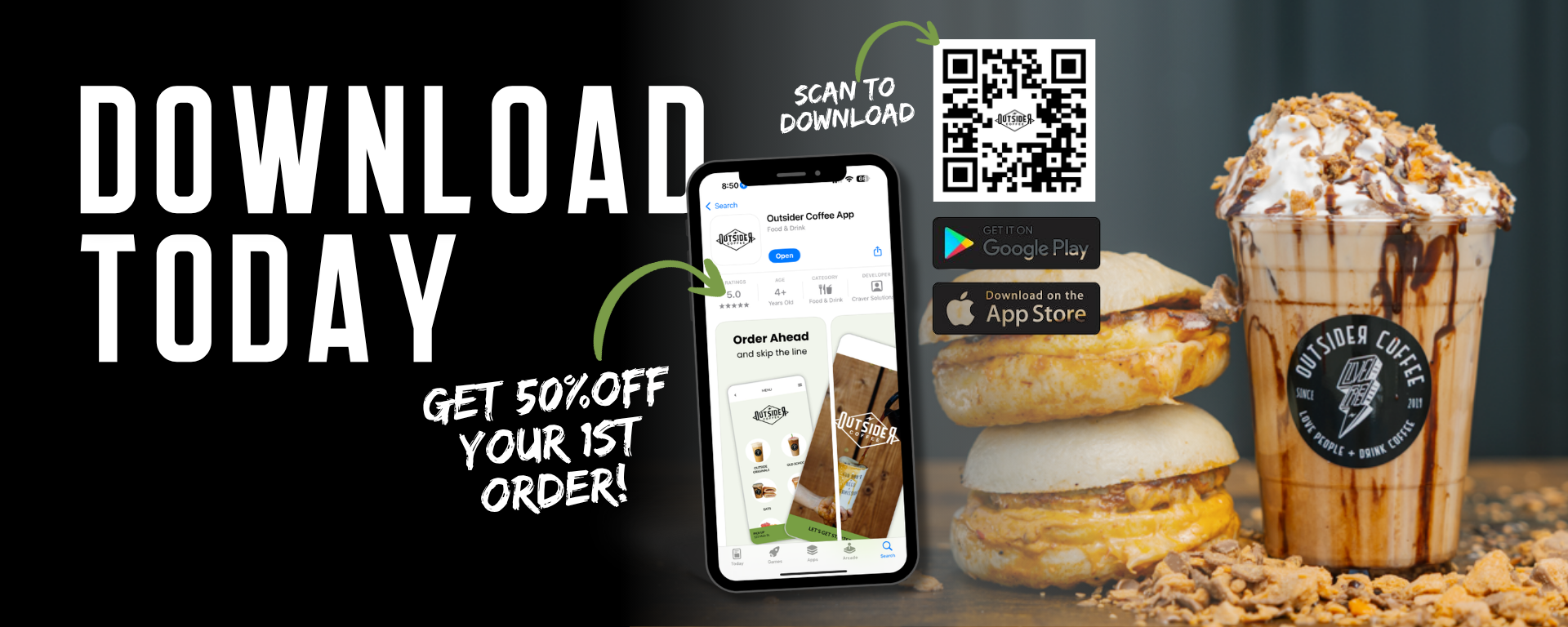 Poster promoting an app download, with a smartphone, App Store badge, and urban game-themed scene.