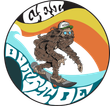 Stylized brown creature riding a snowboard inside a circular logo with orange, teal, and black waves.