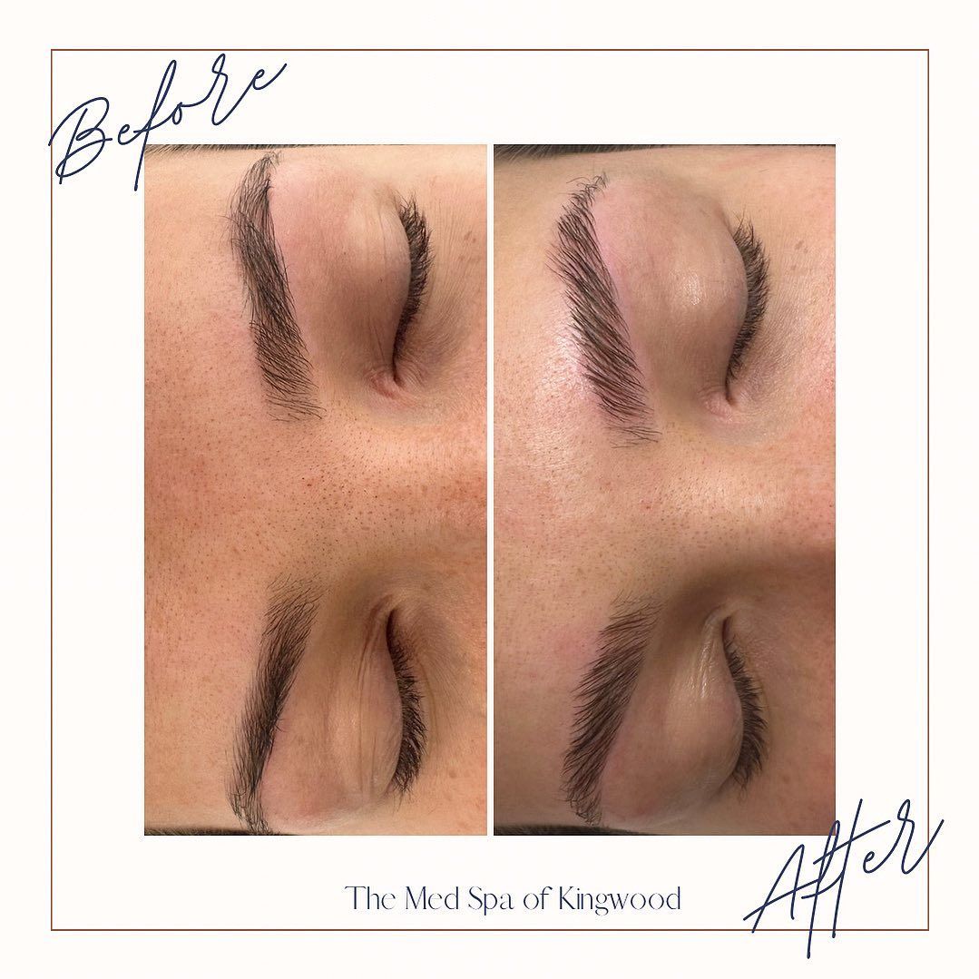 Before-and-after close-up of closed eyes with shaped eyebrows and makeup transformation.