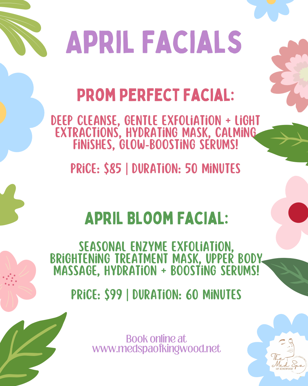 April facials promo flyer with pastel flowers, listing pond perfect and bloom facial services, prices, and durations