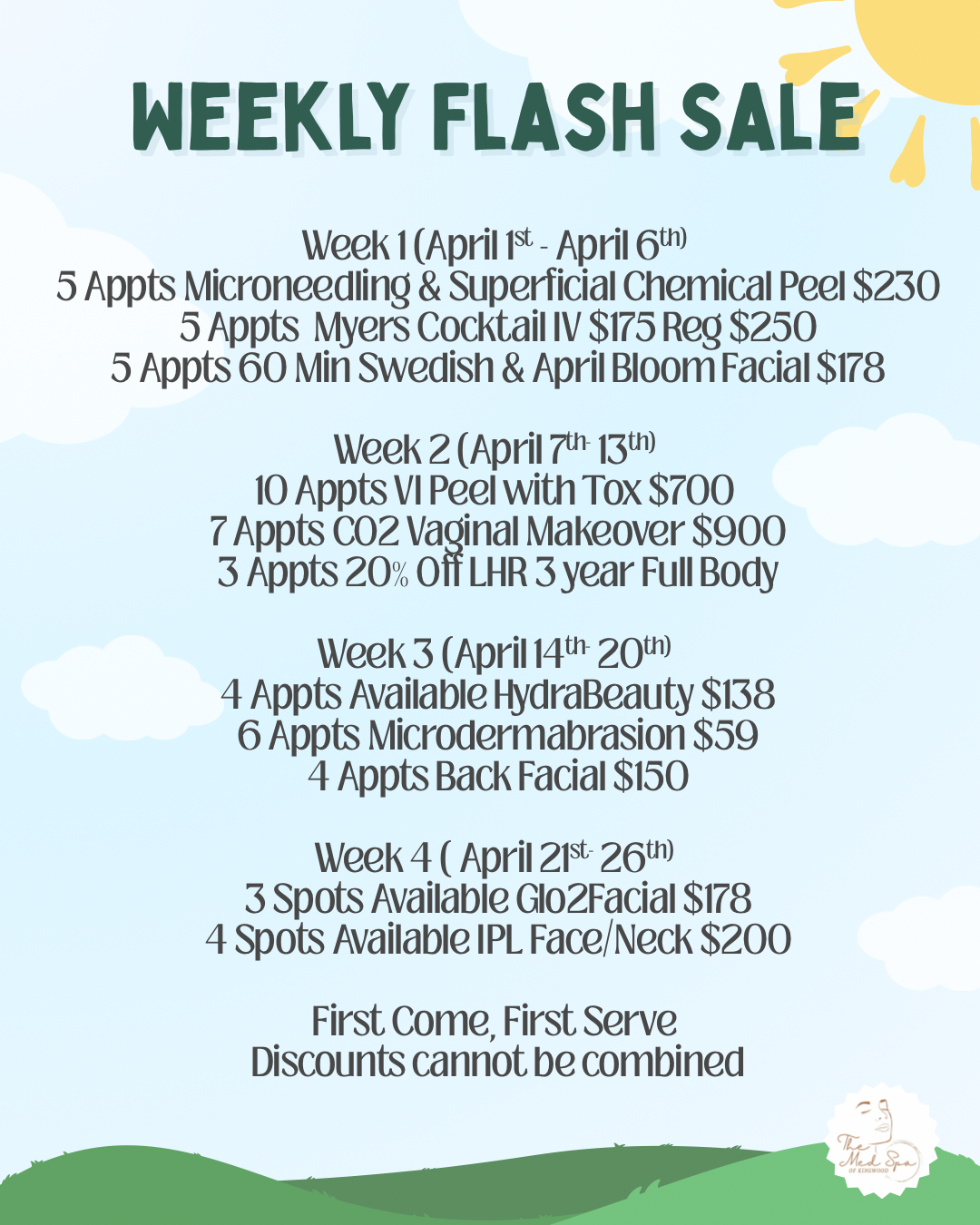 Weekly flash sale flyer with weekly apartment specials and pricing on a teal background.