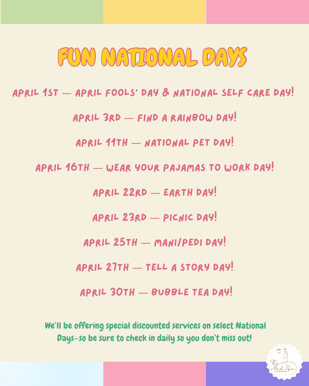 Fun National Days poster with colorful header and a list of playful daily activities in pink text.