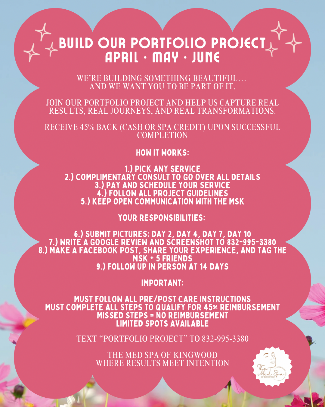 Pink flyer titled “Build Our Portfolio Project” with June volunteer/service details and deadlines