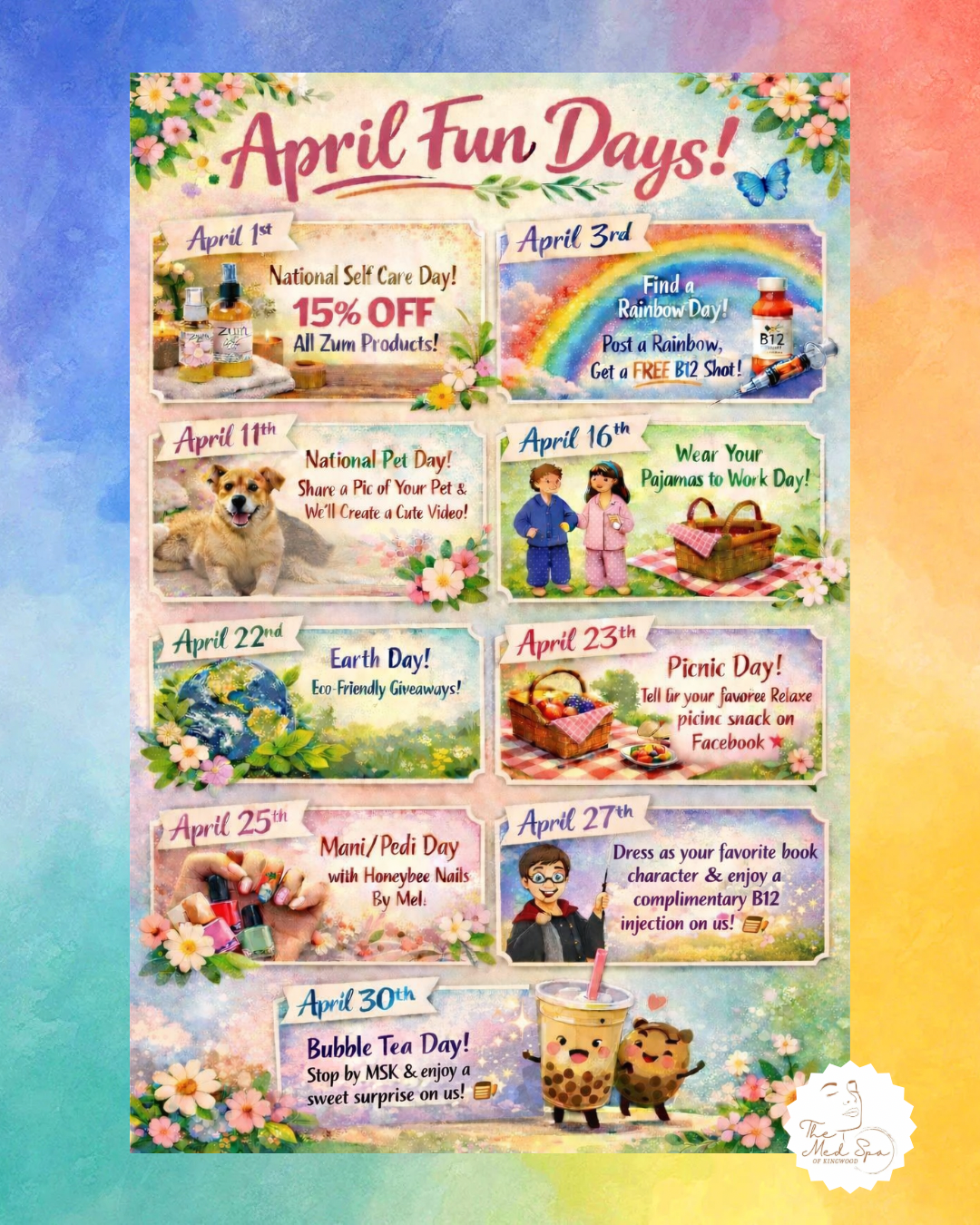 Colorful April Fun Days poster with weekly celebrations, flowers, Easter, Earth Day, and other themed events.