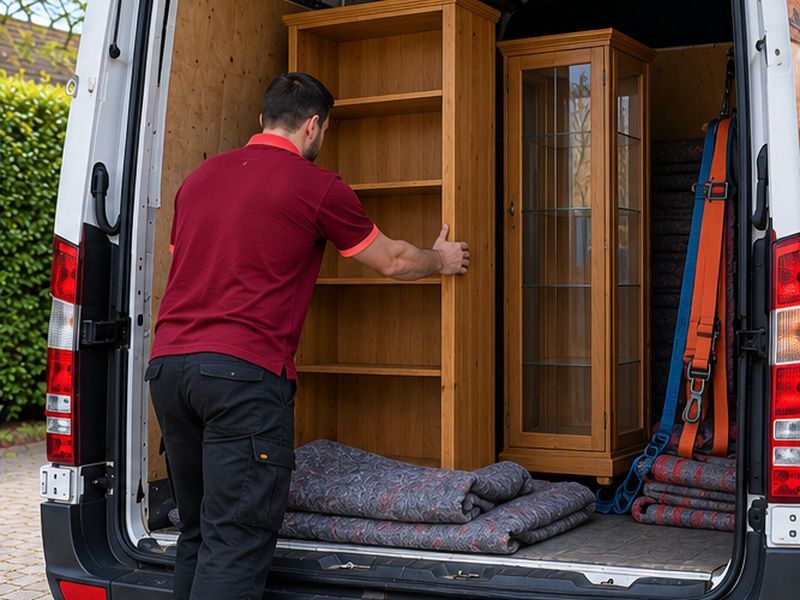 Bookcase and display cabinet loaded into the van