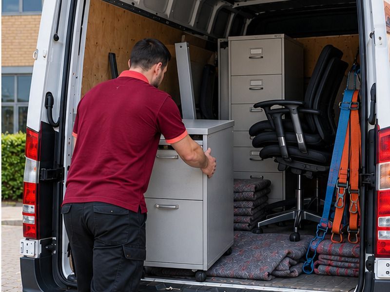 Office desks and filing cabinets loaded into the van