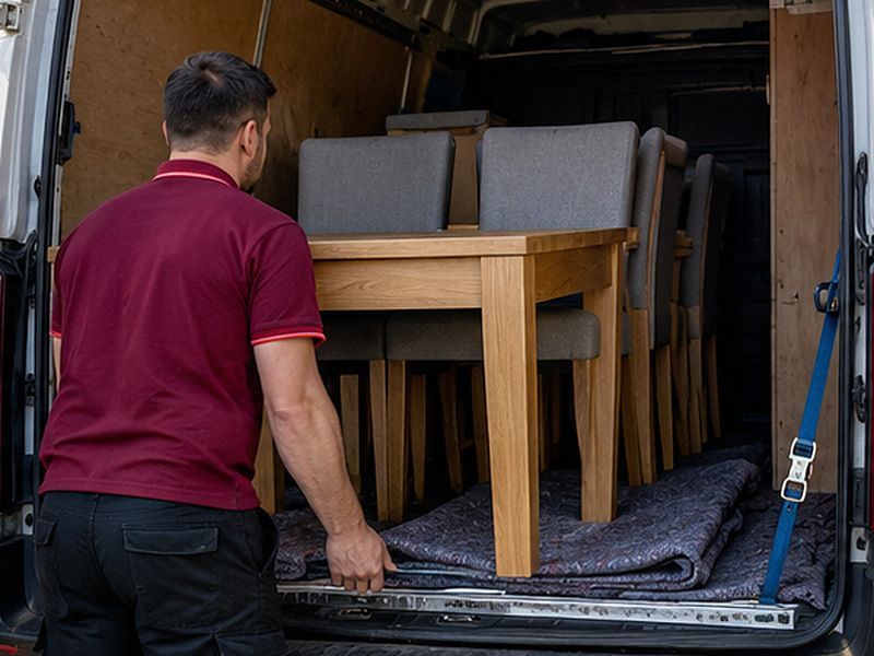 Dining table and chairs loaded into the van