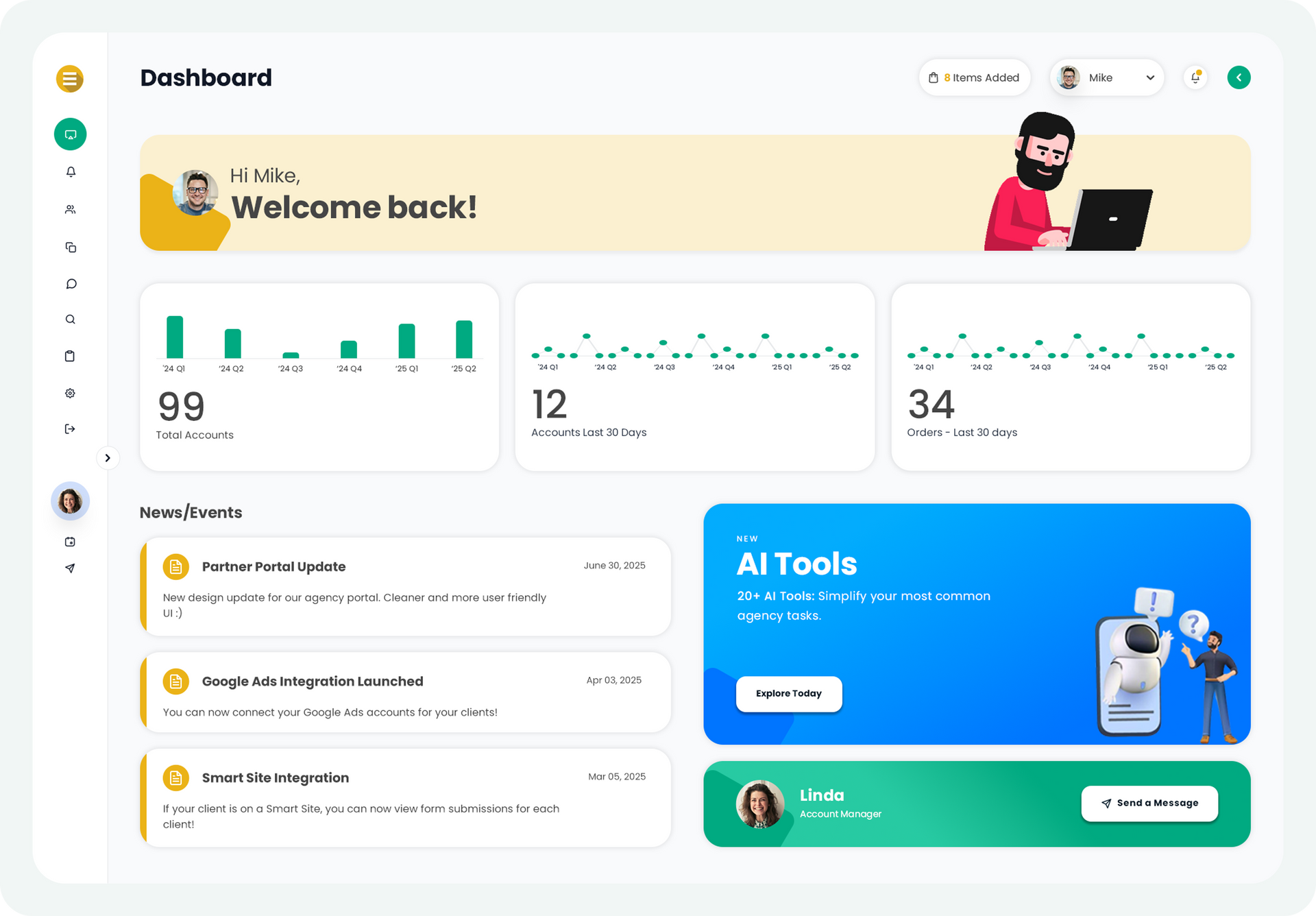 Dashboard interface: greeting with user avatar, activity stats, forum list, and AI tools advertisement.