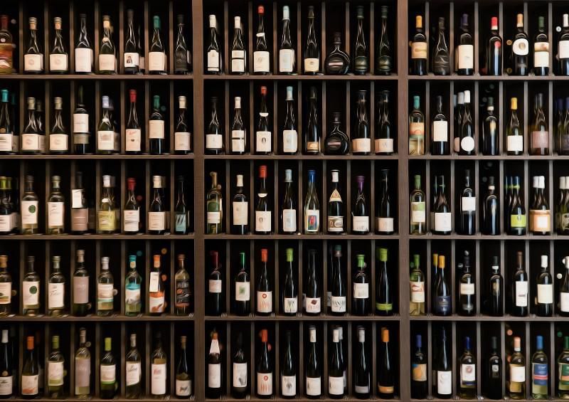 Shelves packed with assorted wine bottles in a dimly lit store display