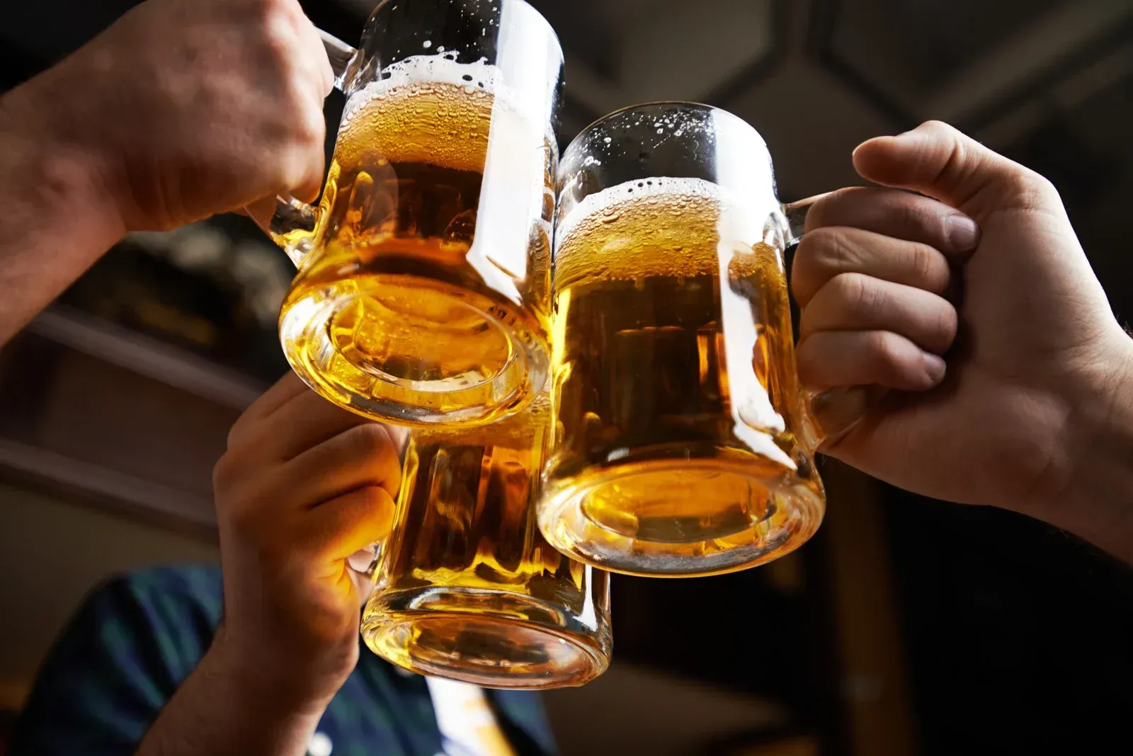 Hands clinking raised beer mugs in a toast at a bar