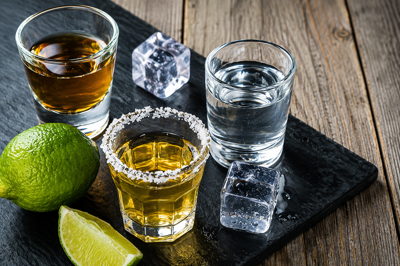 Three liquor shots on a slate tray with a lime wedge and two ice cubes on a wooden table