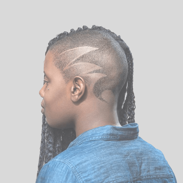 Half shaven with a design, half long hair