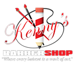 A logo for kerry 's barbershop with a pencil and brushes