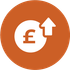 An orange circle containing a white British pound sterling symbol with a white arrow pointing upwards next to it.