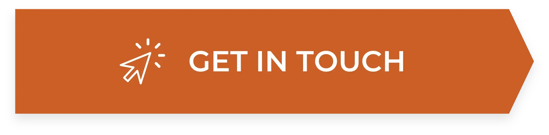 An orange rectangular button with a chevron-shaped right end, featuring a cursor icon and the text 