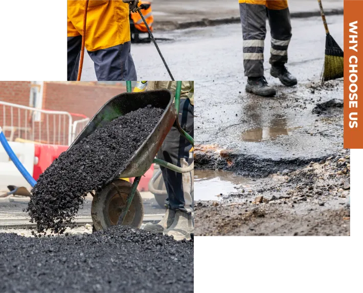 Road construction crew working on asphalt repairs, with a wheelbarrow filled with gravel and a person sweeping the road.